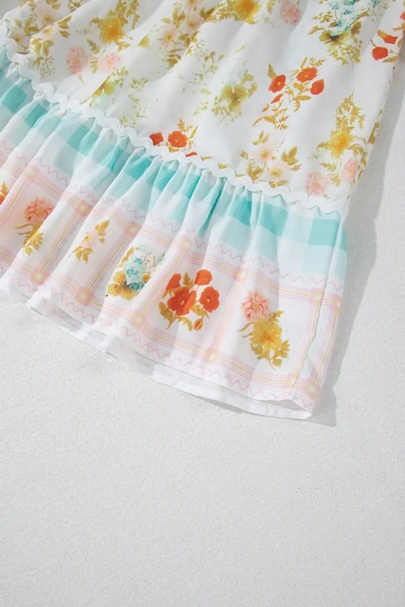 Pink Ric Rac Plaid Floral Print Patchwork Bubble Sleeve Dress - Love Salve